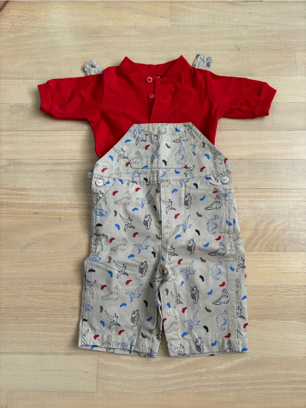 Adorable vintage 1990s Dinosaur Print Overalls and Red polo Top set